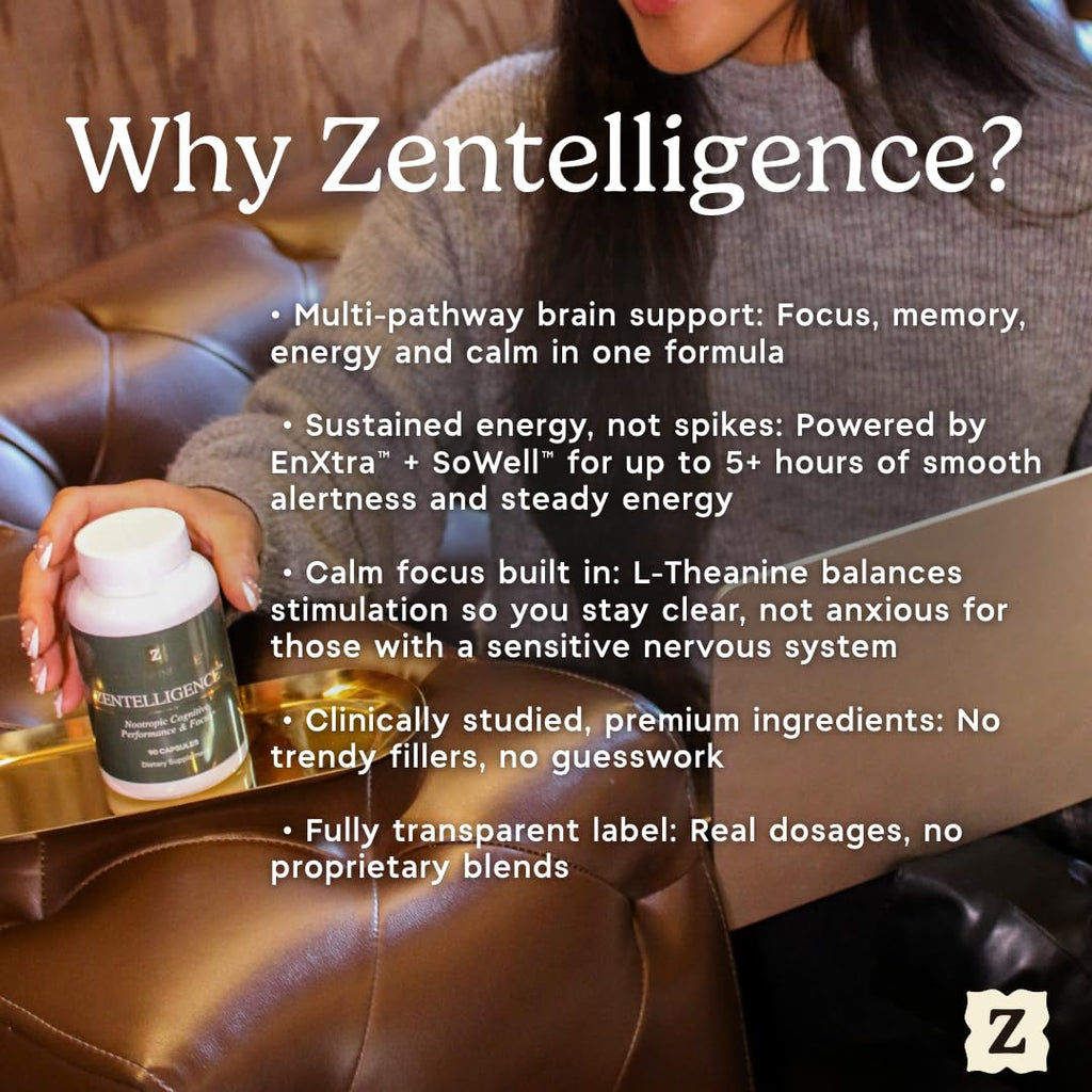 Zen Principle Zentelligence™ Focus Nootropic Supplement for Students & Professionals | Energy, Memory & Stress Support | Jitter-Free Formula with L-Theanine, Ginkgo Biloba, Huperzine A. 90 Capsules Zen Principle Au supplements