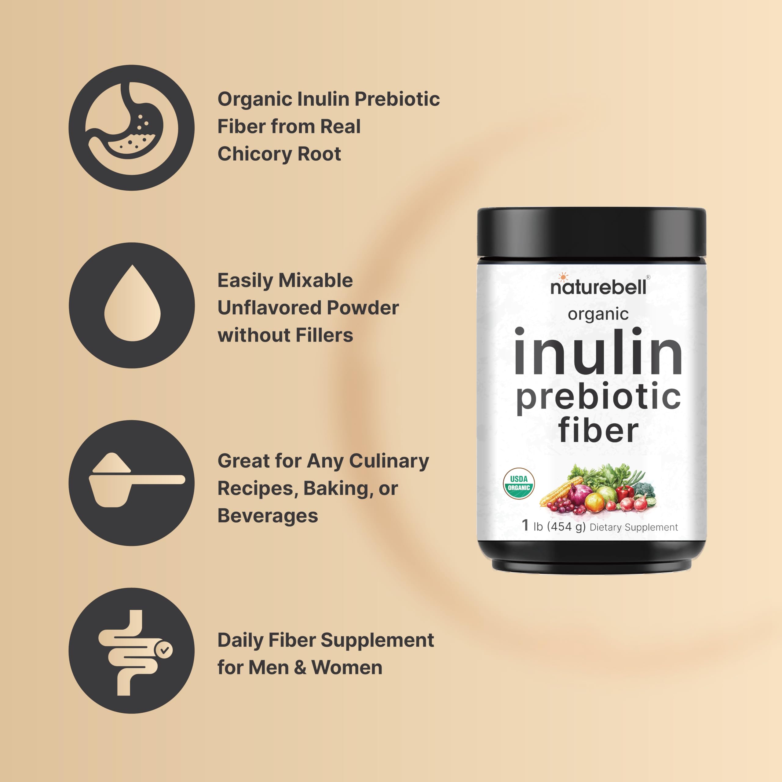 NatureBell Organic Inulin Prebiotic Fiber Powder, 1lb | Natural Chicory Root Source – Easily Mixes with Coffee or Smoothies – Fiber Supplement for Women & Men