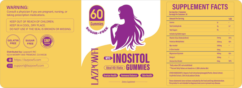 Lazpowfi Myo-Inositol & D-Chiro Inositol,Inositol Gummies with Vitamin D3, Magnesium Glycinate, Omega-3, Folate & Zinc, Inositol Supplement Menstrual Cycle for Women-40:1 Ratio-30 Day Supply Lazpowfi Au supplements