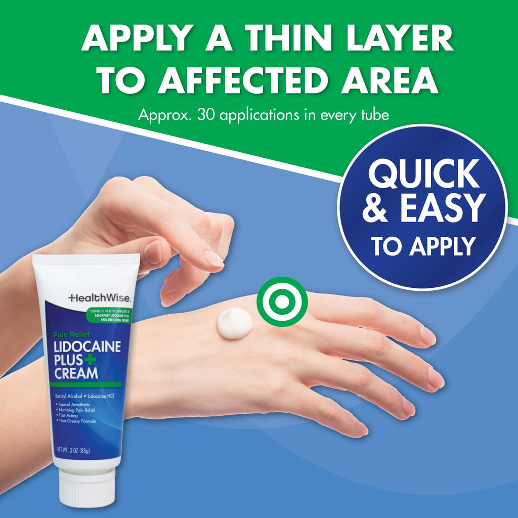 HealthWise Lidocaine Plus+ Cream | Numbs Away Pain | | Non-Greasy | 3.0 Oz | 4% OTC Lidocaine + 10% Benzyl Alcohol | Topical Anesthetic HealthWise Au supplements