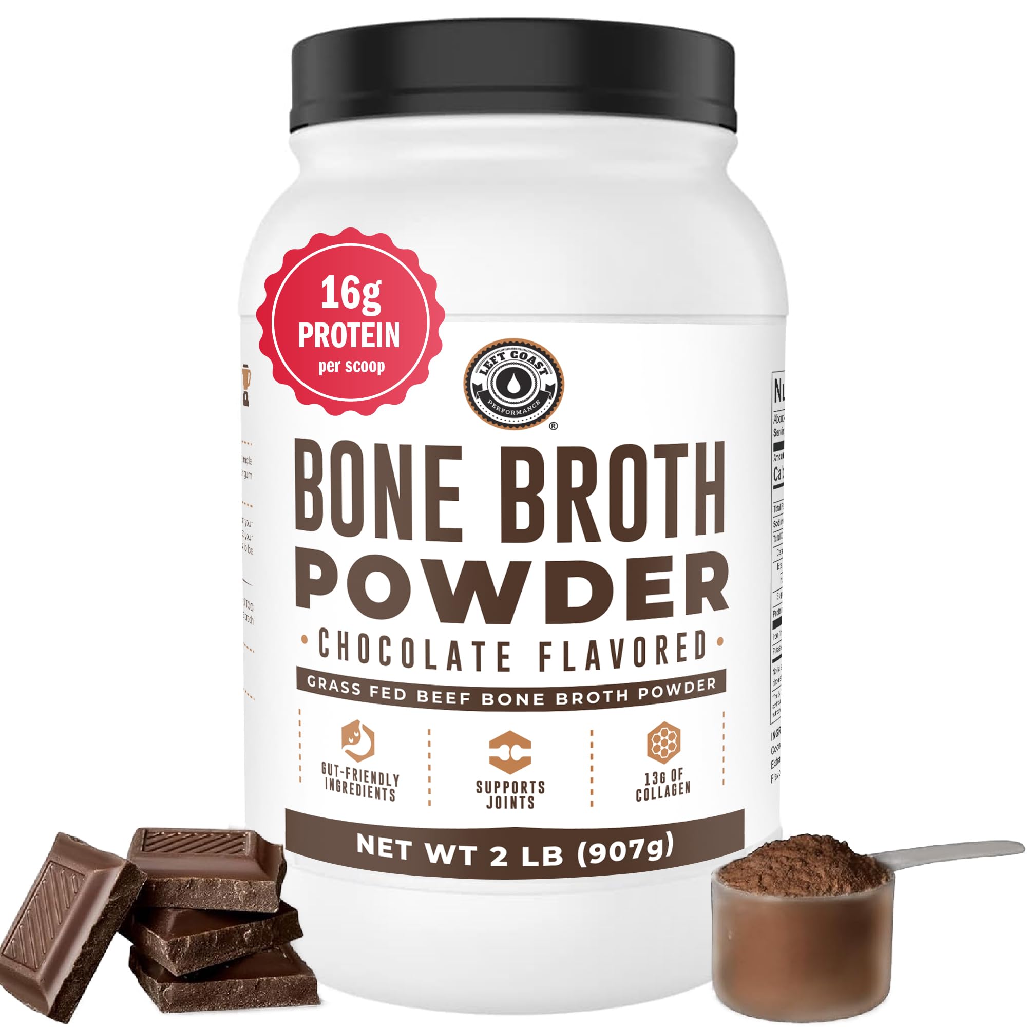Chocolate Bone Broth Protein Powder - 100% Grass Fed Beef Bone Broth with 16g Protein & 13g Collagen per Serving - Great for Shakes & Hot Chocolate - Keto Friendly Low Carb