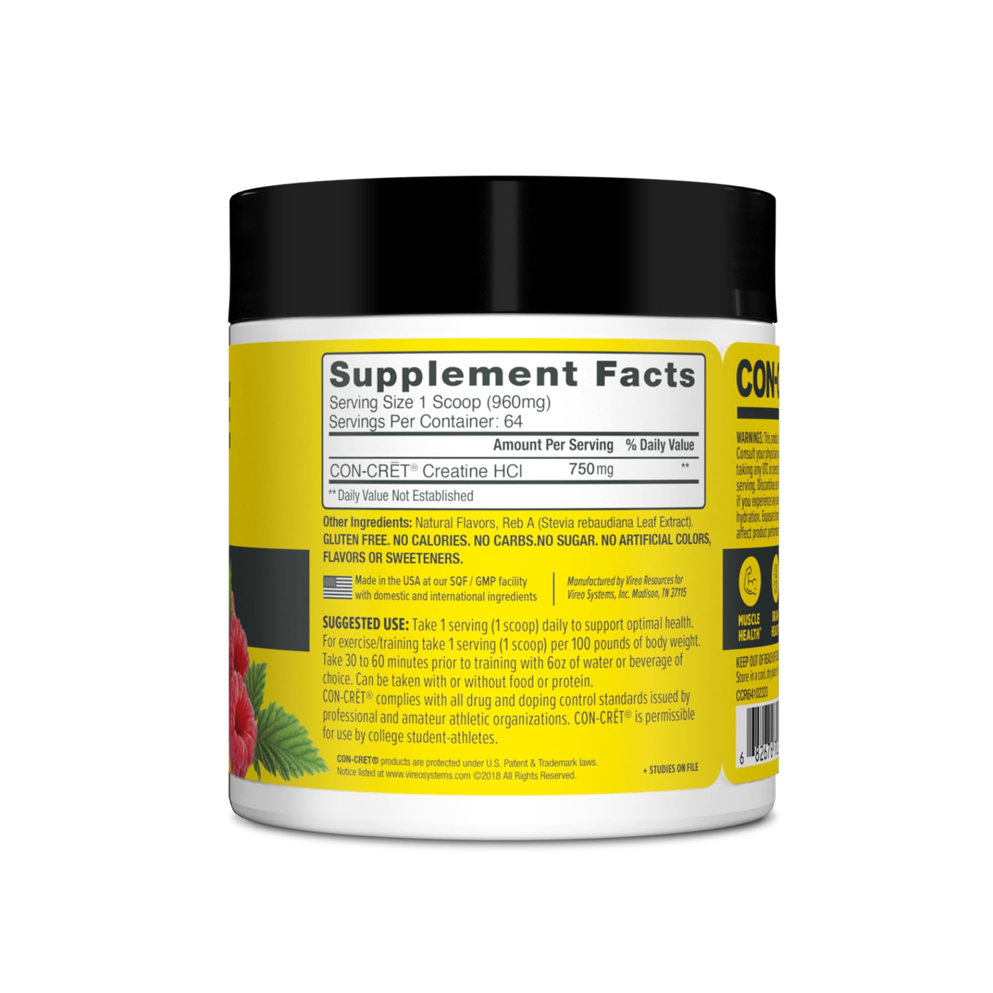 CON-CRET Creatine HCl Powder | Muscle, Cognitive, Cellular Energy Support | No Bloating or Cramps | USA Made & NSF Certified | Raspberry (64 Serving) CON-CRET Au supplements
