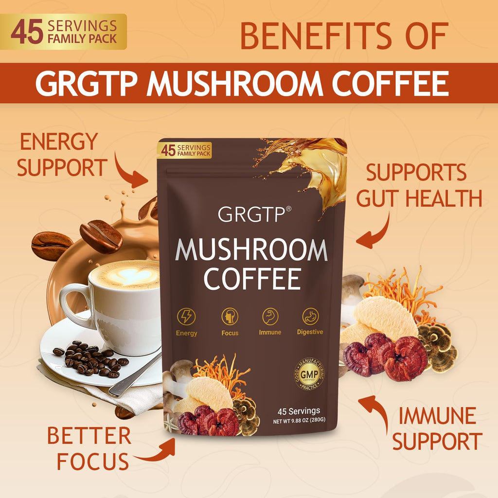 GRGTP Mushroom Coffee - Superfood Blend with 6 Adaptogens (Cordyceps, Lion's Mane, Reishi Other) | Jitter-Free Energy, Enhanced Focus, Digestion & Immunity Support |