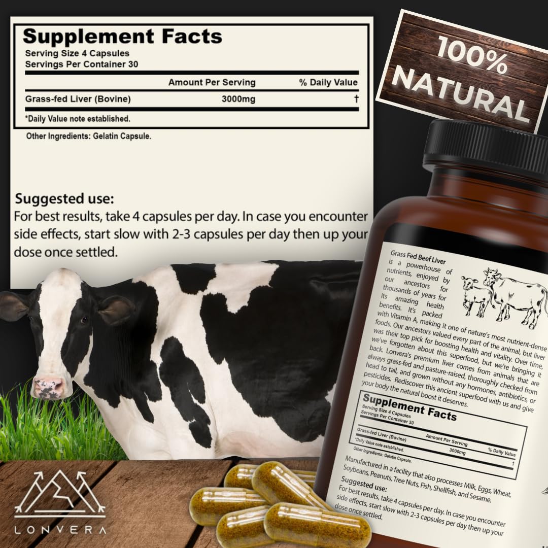 Lonvera Grass Fed Beef Liver Capsules for Women and Men – 3000mg Freeze Dried Desiccated Organs – Nutrient Source for Joints, Bones, Hair, Skin