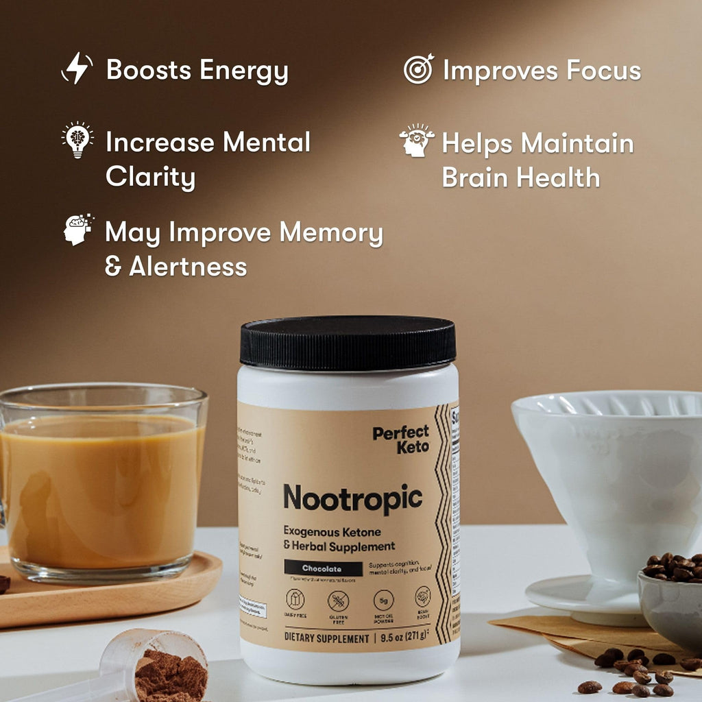 Perfect Keto Nootropic Brain Support, Caffeine Free Focus and Energy Supplement with Alpha Lipoic Acid, L Theanine, Ginkgo Biloba, Alpha GPC, MCT's, Collagen, Ketones, Chocolate Drink Mix, 15 Servings Perfect Keto Au supplements
