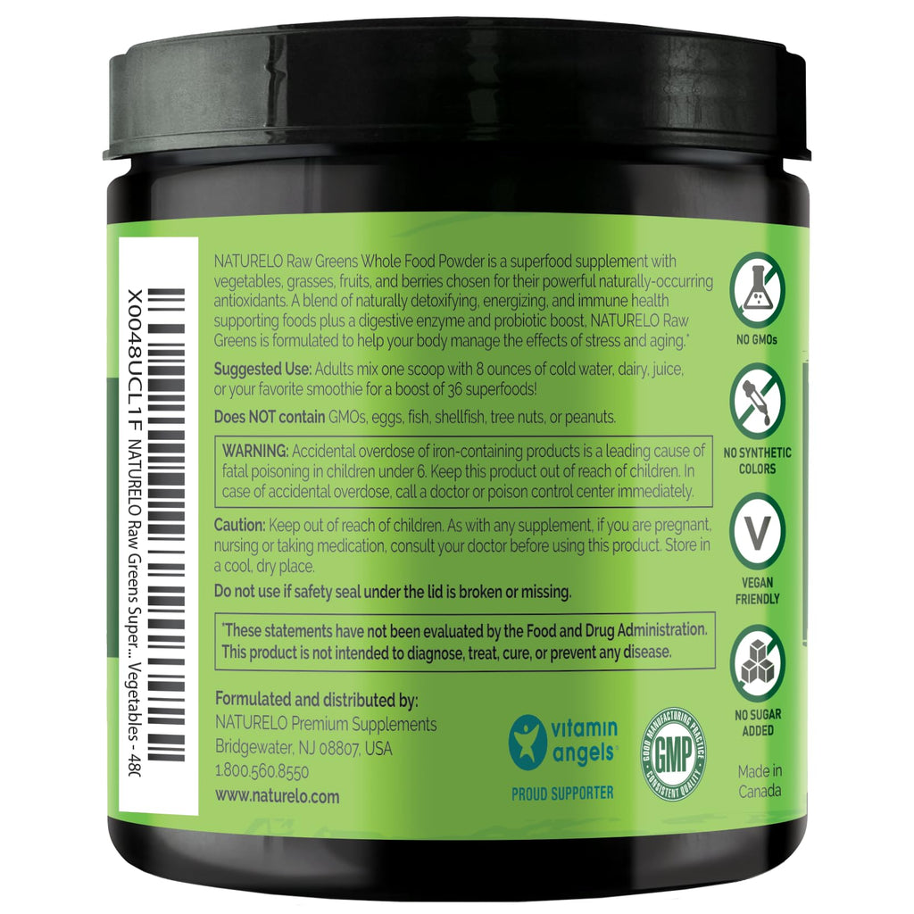 NATURELO Raw Greens Superfood Powder - Unsweetened - Boost Energy, Detox, Enhance Health - Organic Spirulina - Wheat Grass - Whole Food Nutrition from Fruits