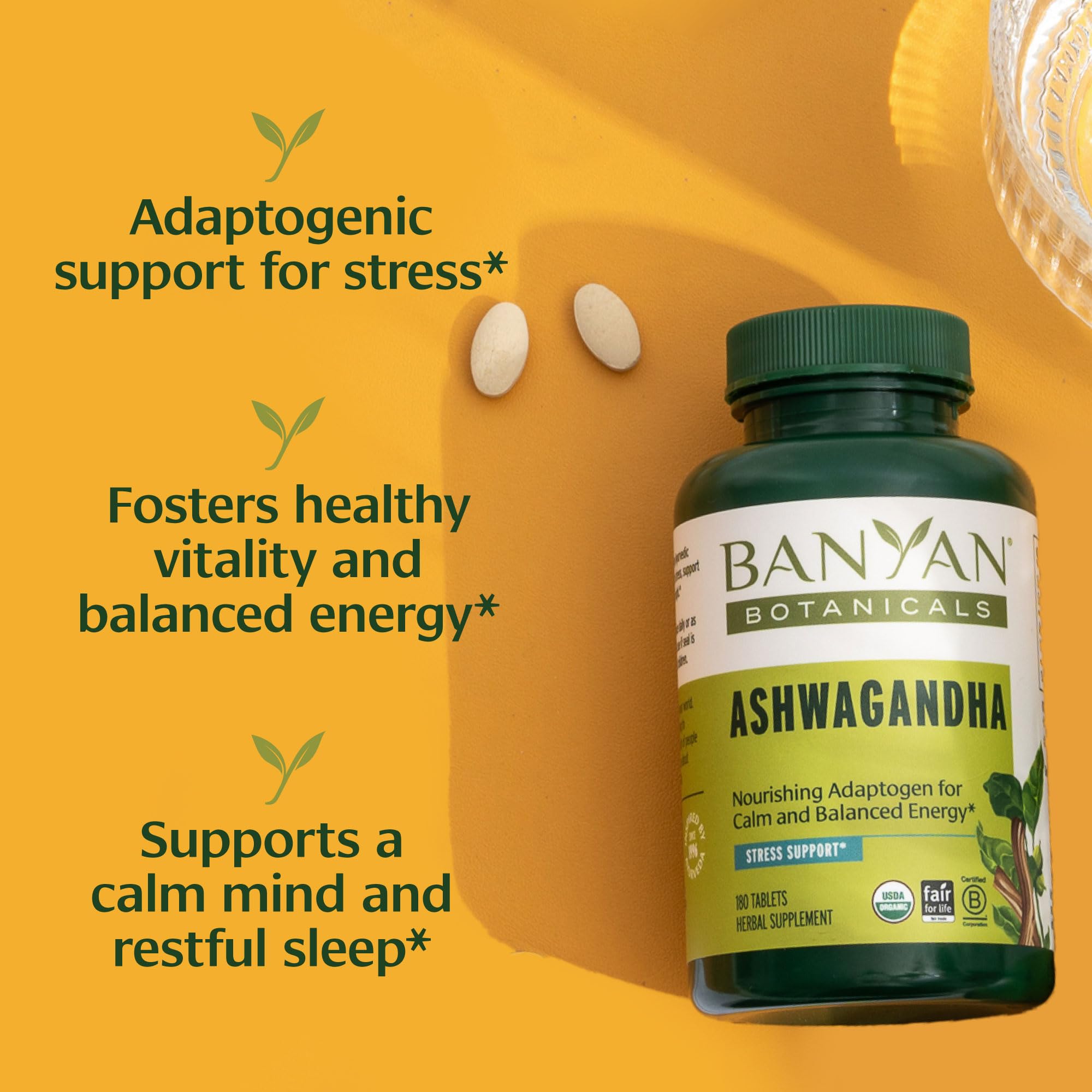 Banyan Botanicals Organic Ashwagandha - 1000mg per Serving - Cortisol Manager & Stress Relief Supplement - Adrenal Support for Mood, Restful Sleep & Muscle Recovery - 180 Tablets - Non-GMO, Vegan* Banyan Botanicals Au supplements