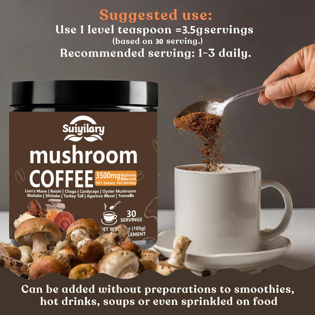 Suiyilary 10 Mushroom Coffee with Arabica w, Lion's Mane, Reishi, Mushroom Polysaccharides & More, Instant Mushrooms Powder for Focus, Immunity Boost,