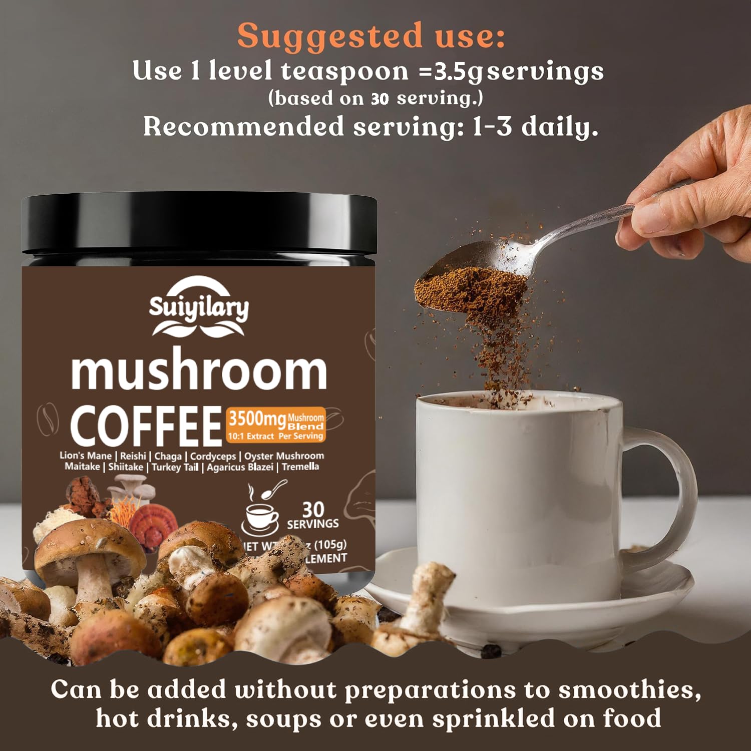 Suiyilary 10 Mushroom Coffee with Arabica w, Lion's Mane, Reishi, Mushroom Polysaccharides & More, Instant Mushrooms Powder for Focus, Immunity Boost,