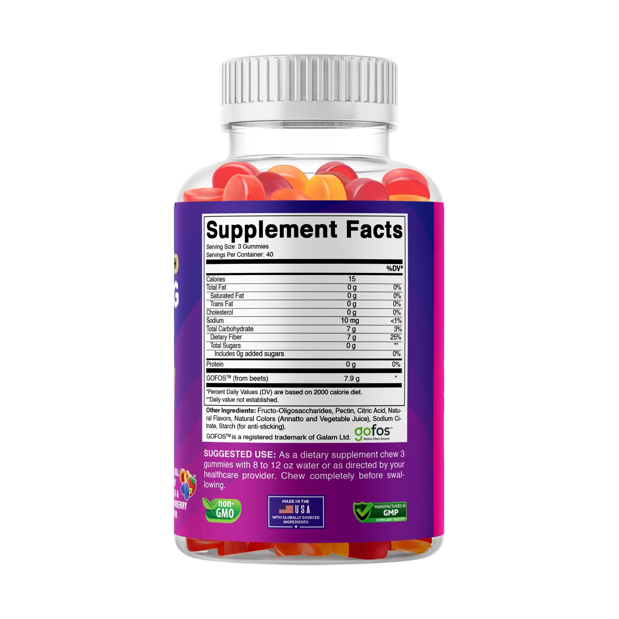 Vitabod Fiber Gummies 7G Per Serving for Digestive Health & Regularity, Prebiotic GOFOS™ Plant-Based Fiber, No Sugar Added, Vegan, Berry Peach Strawberry, 120 Gummies (Adults, Women & Men)