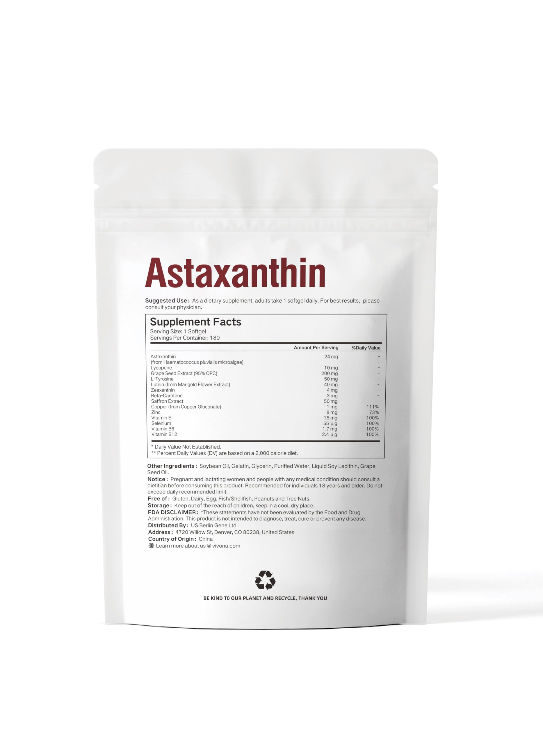 VivoNu 14-in-1 Astaxanthin 24mg & Lutein 40mg with Zeaxanthin Supplements, 6 Month Supply, Fresh Microalgae Source, Gluten Free Non-GMO, Supports Eye