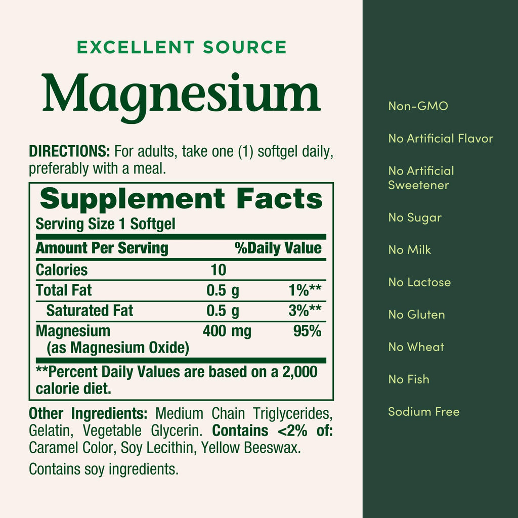 Nature's Bounty Magnesium 400 mg Softgel, Whole Body Support, Magnesium Supplements for Men and Women, Heart, Nerve & Bone Health, 75 Softgels (Pack of 1) Nature's Bounty Au supplements