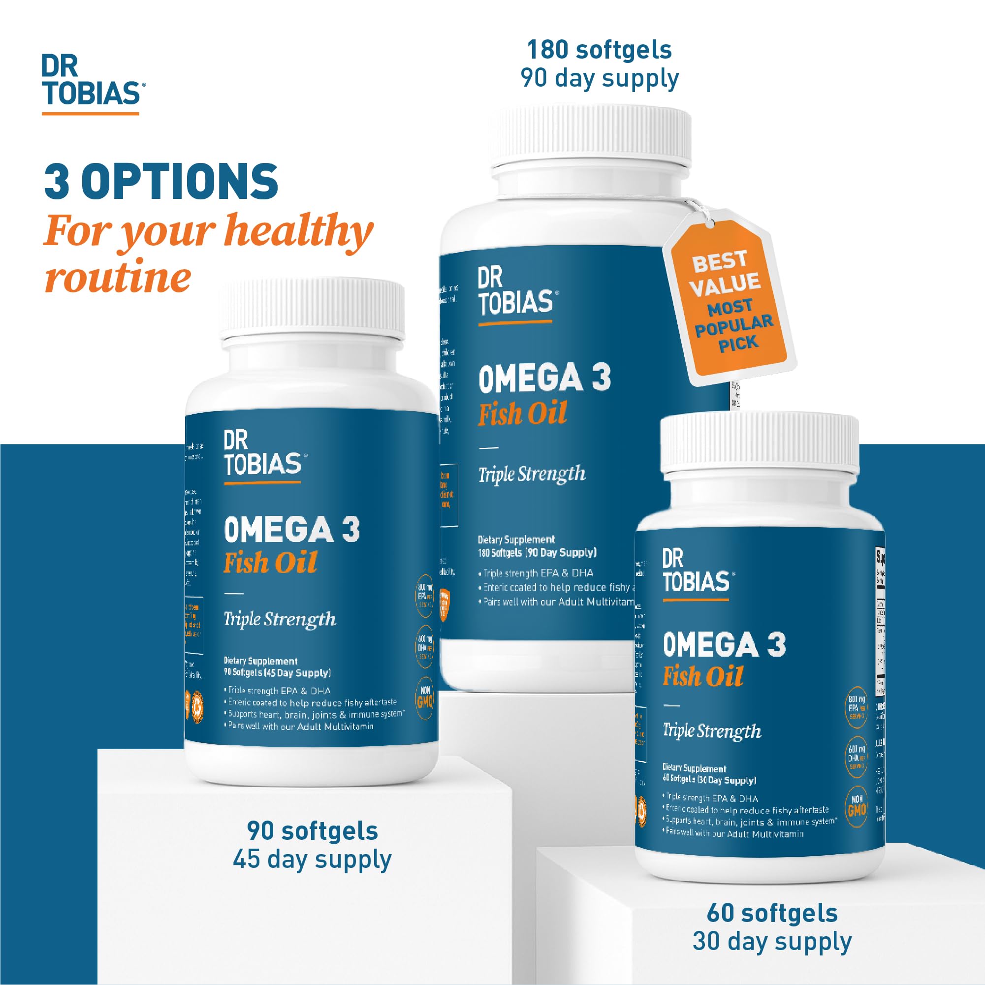 Dr. Tobias Omega 3 Fish Oil 2000mg Triple Strength with 800mg EPA 600mg DHA Per Serving | Fish Oil Omega 3 Supplements for Heart Brain & Immune Support - 180 Softgels (90 Servings) Dr. Tobias Au supplements