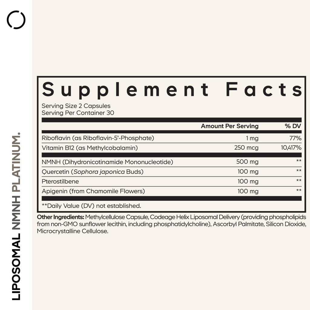 Codeage Liposomal NMNH Platinum - 500 mg NMNH Supplement, NAD+ Precursor with Quercetin, Pterostilbene, Apigenin, Active B Vitamins B2 Riboflavin & Vitamin B12 Methylcobalamin - Non-GMO - 60 Capsules Codeage Au supplements