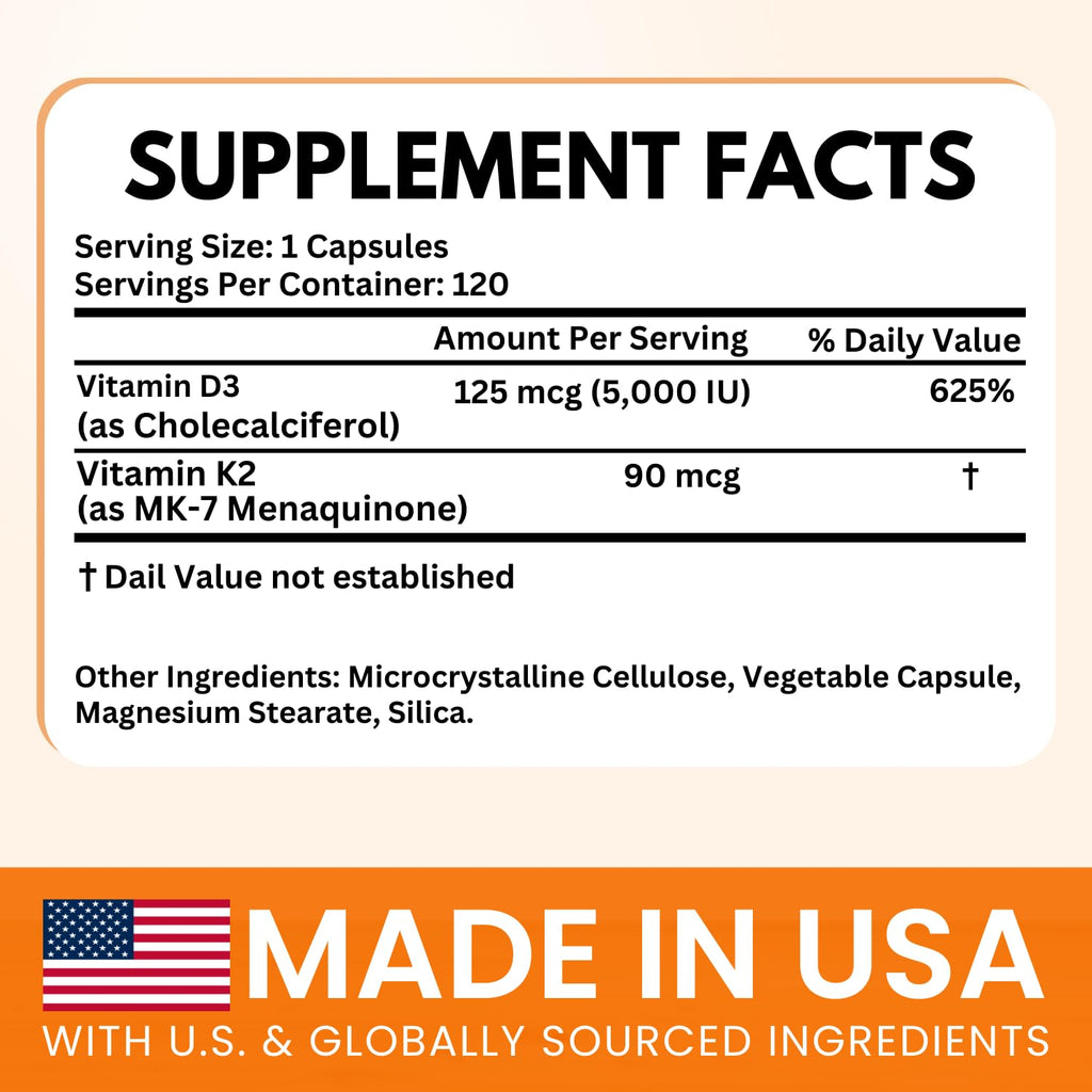VITBOOST Vitamin D3 K2 Complex - Easy to Swallow - Vitamin D (D3) 5000 IU (125 mcg) & K2(MK-7) 90 mcg | Non-GMO | Gluten-Free