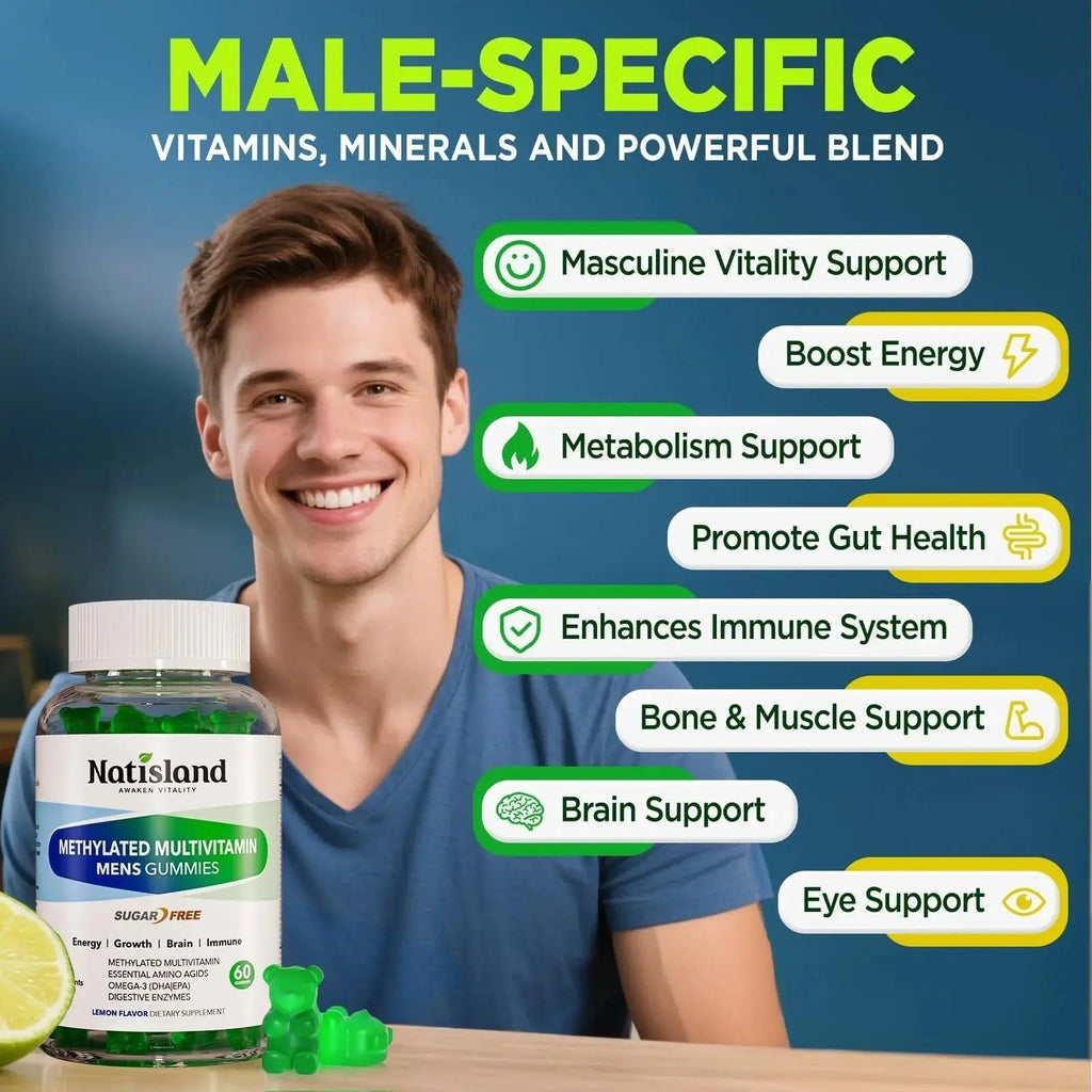 Methylated Multivitamin for Men Gummies, Men`s Multivitamins Gummies with Vitamin B Complex, A, C ,D3, E, K2, Calcium, Magnesium, Omega-3 NATISLAND Au supplements