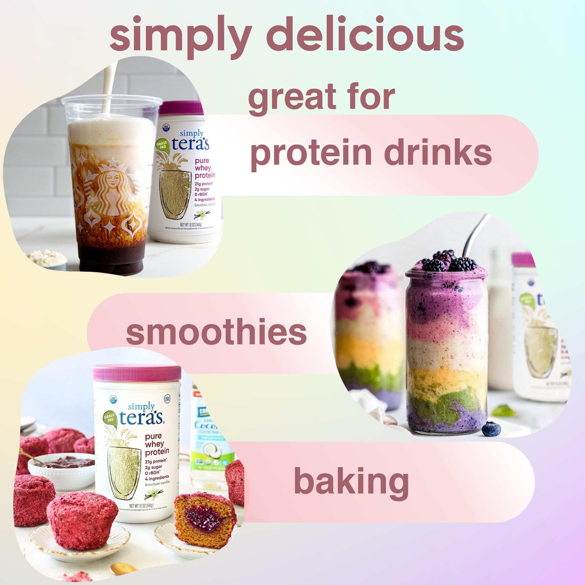 simply tera's Pure Whey Protein Powder - Grass Fed Vanilla Whey Protein Powder, Clean, Made Without Artificial Sweeteners, Non-GMO, Kosher, rBGH-Free, Soy-Free - 24 Oz