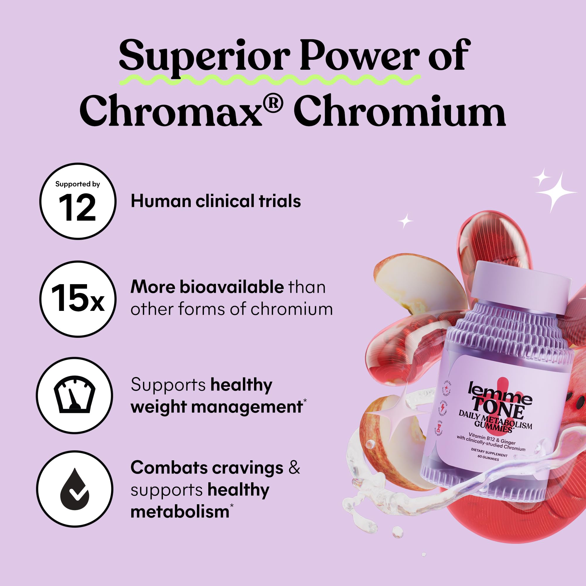 Lemme Tone Metabolism Gummies, Apple Cider Vinegar, Clinically Studied Chromium, B12, Ginger Root Extract, Promote Lean Body Mass