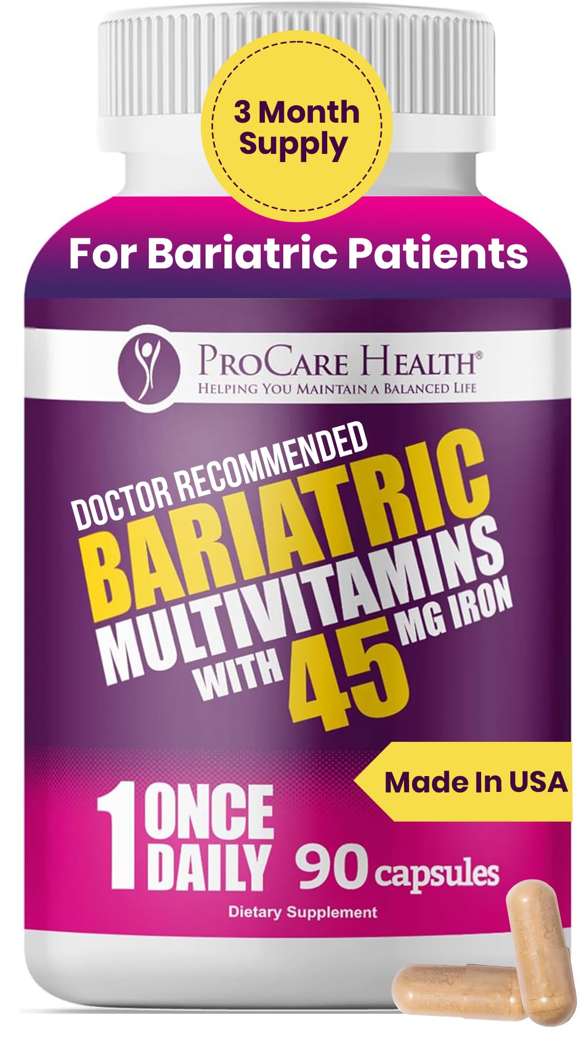 ProCare Health Bariatric Multivitamin 45mg Iron – Once Daily Capsule for Gastric Bypass, Sleeve & Post-Op Support – 90 Easy-to-Swallow Capsules