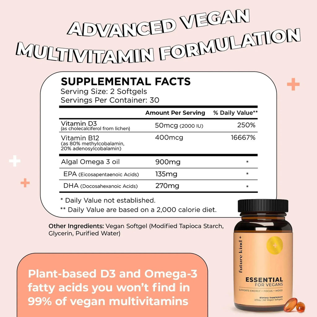 Future Kind Vegan Multivitamins - Glass Bottle & Made for Vegans with Omega 3 DHA, EPA, Vitamin B12 & D3 for Energy, Focus, & Mood (60 Softgels) Future Kind Au supplements