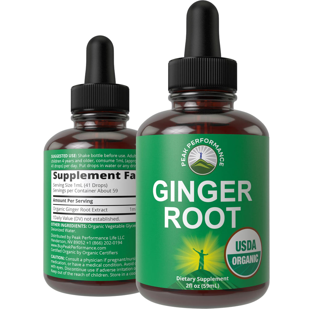USDA Organic Ginger Root Extract Liquid Drops. Zero Sugar, Non Bitter Vegan Ginger Oil Supplement for Immune, Digestive + Gut Support. High Bioavailability, Gluten Free for Women and Men. Take Orally Peak Performance Au supplements