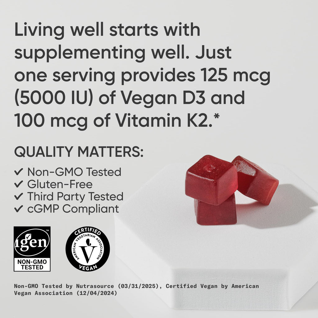 Sports Research® Vegan Vitamin D3 + K2 Sugar-Free Gummies - 125mcg (5000iu) Vitamin D w/ 100mcg Mk7 Vitamin K - Supports Bone & Immune Health