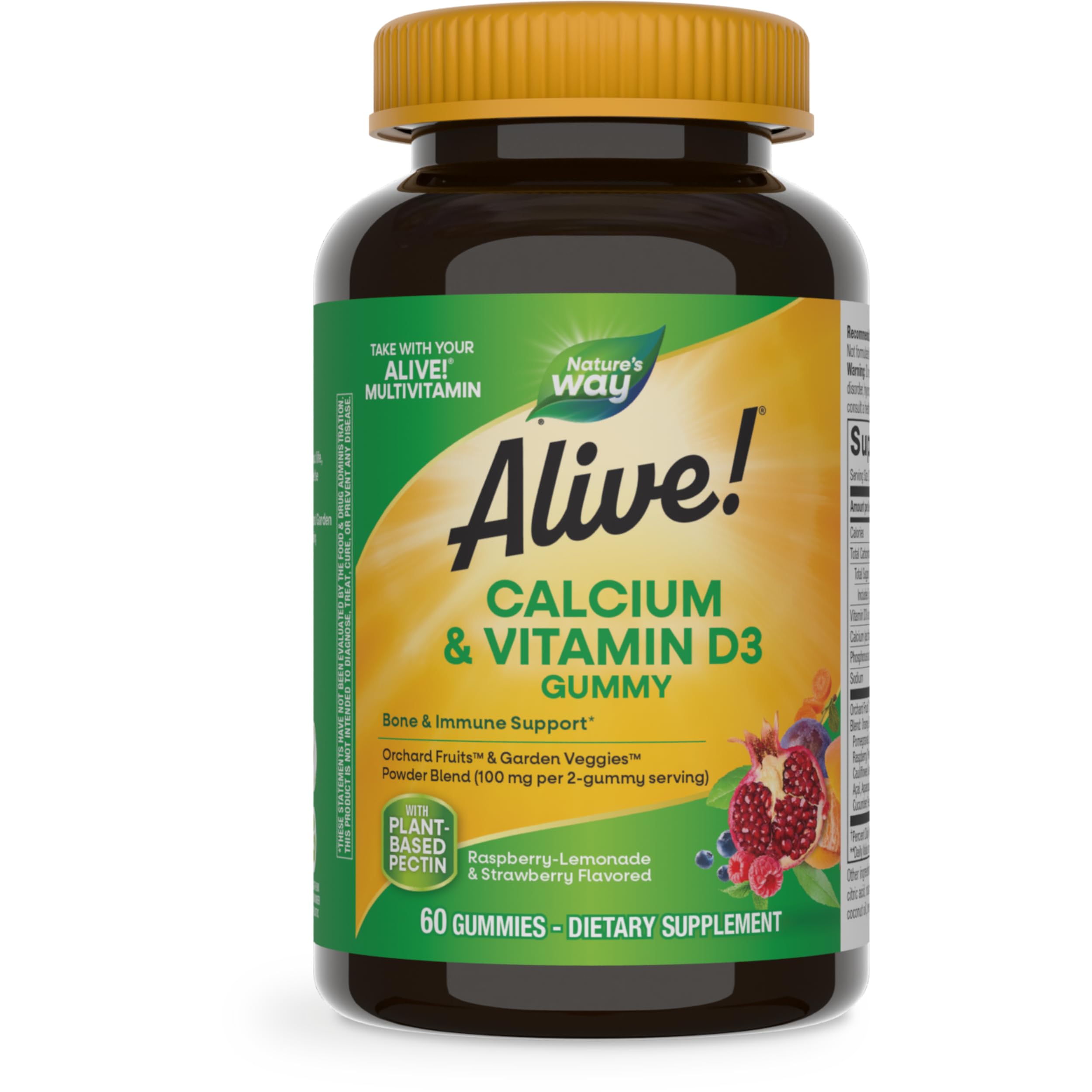 Nature’s Way Alive! Chewable Calcium Gummies with Vitamin D3, Daily Supplement Supports Healthy Bones and Teeth, and Muscle Function*, Strawberry and Raspberry
