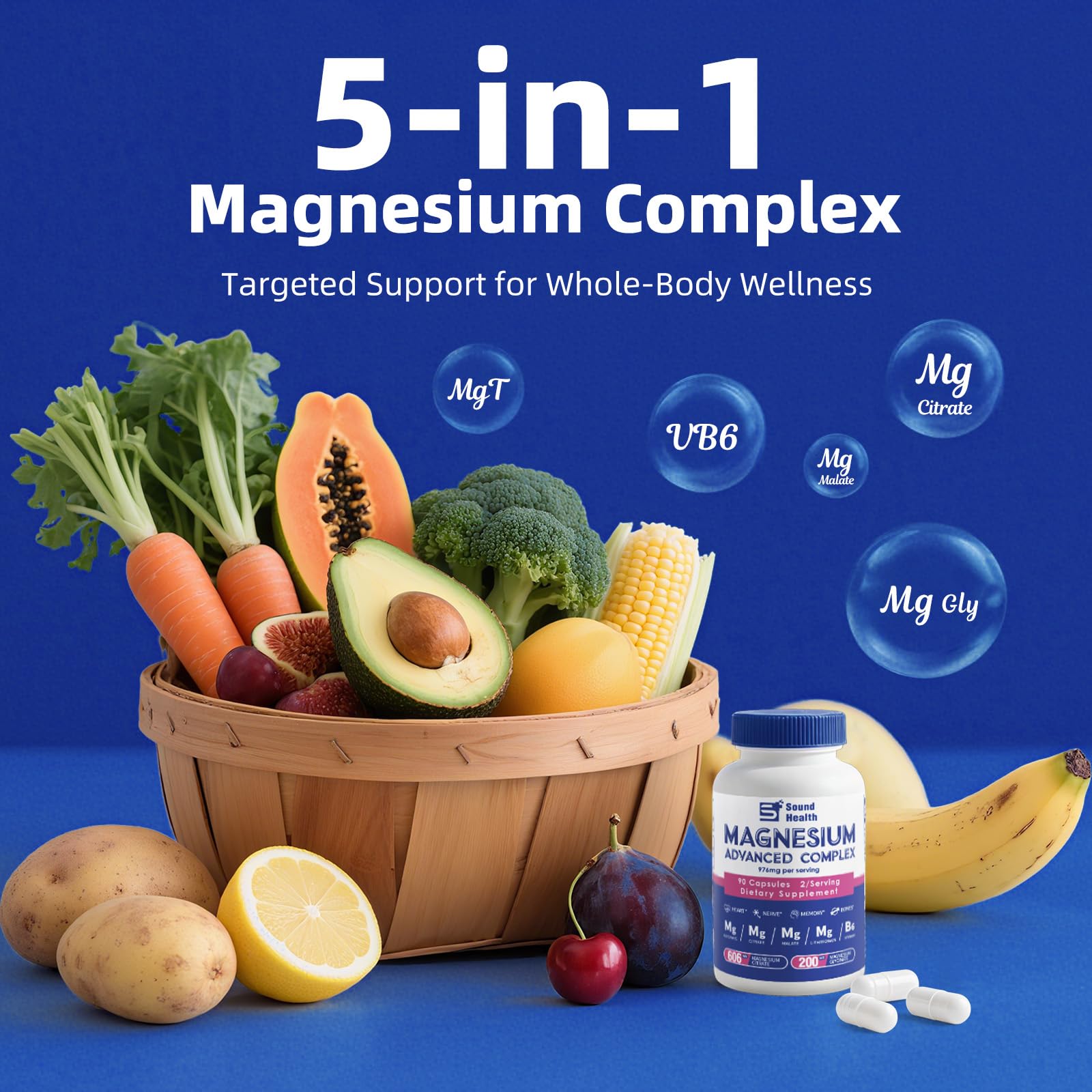 5 in 1 Magnesium Complex Capsule 976mg wtih Magnesium Glycinate, Citrate, Malate, L-Threonate & Vitamin B6, High Absorption Magnesium Complex for Women & Men, Third-Party Tested, Vegan, Non-GMO Sound Health Plus Au supplements