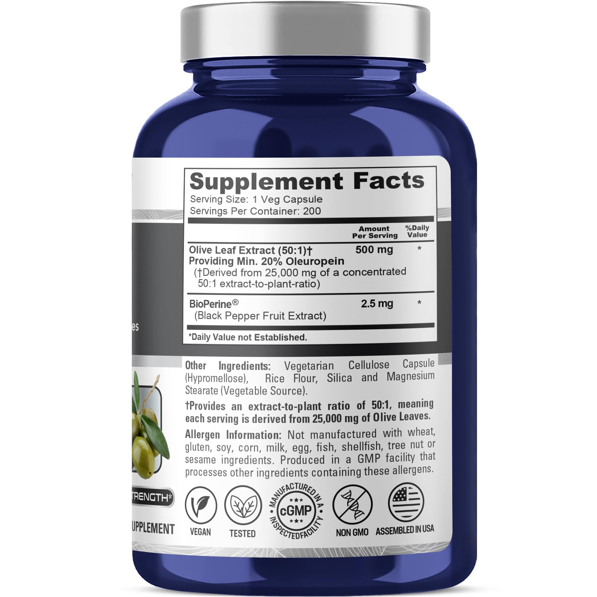 NusaPure Olive Leaf 20% Oleuropein 50:1 Extract, 500 mg Equivalent to 25,000 mg 200 Veg Caps Suitable for Vegetarians and Vegans, Non-GMO NusaPure Au supplements