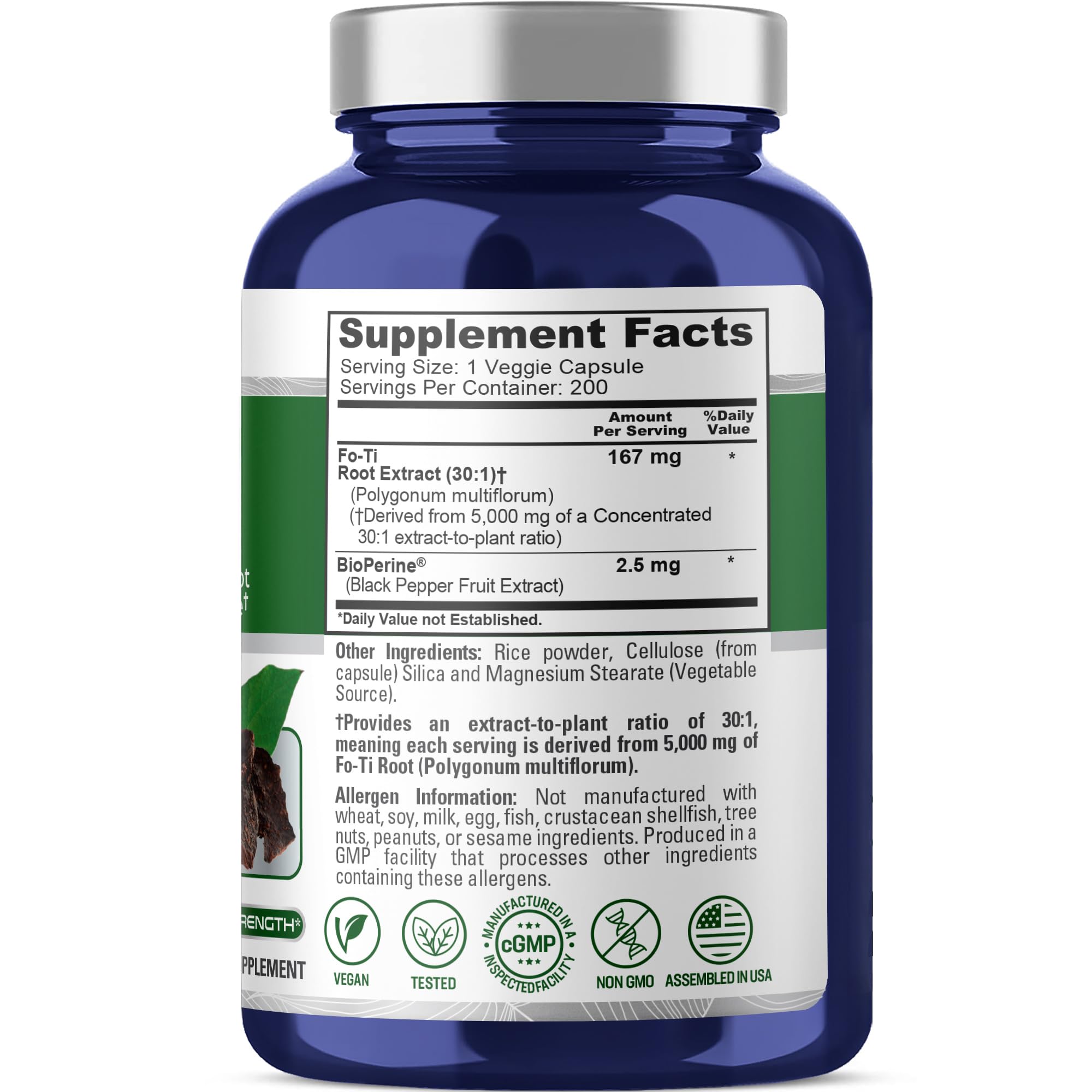 NusaPure Fo-Ti 30:1 Extract, 167 mg Equivalent to 5000mg per Veg Caps, 200 Count, Non-GMO, Vegan, Bioperine NusaPure Au supplements