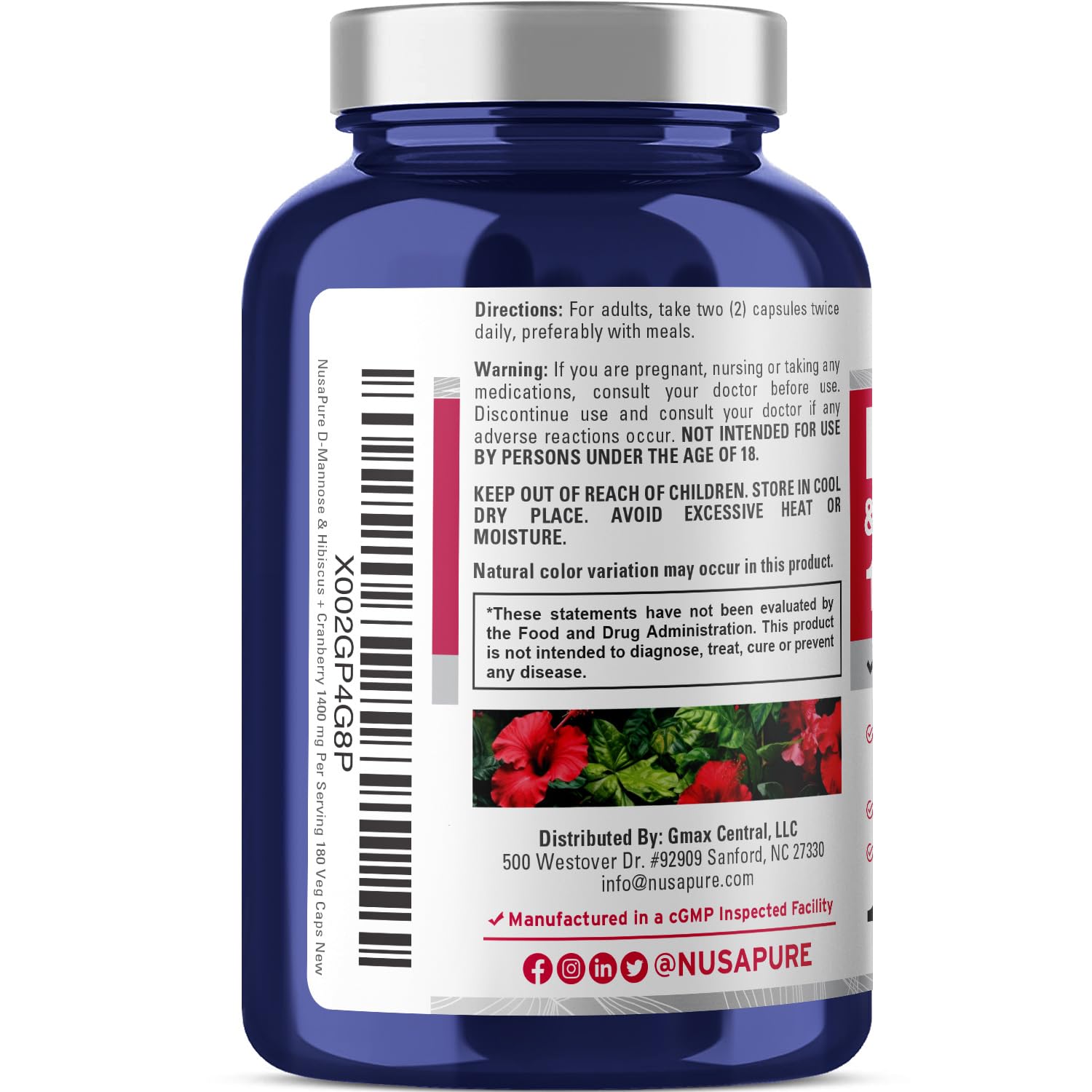 NusaPure D-Mannose Complex 1400 mg (with Hibiscus and Cranberry) - 180 Veggie Caps Non-GMO & Vegan NusaPure Au supplements