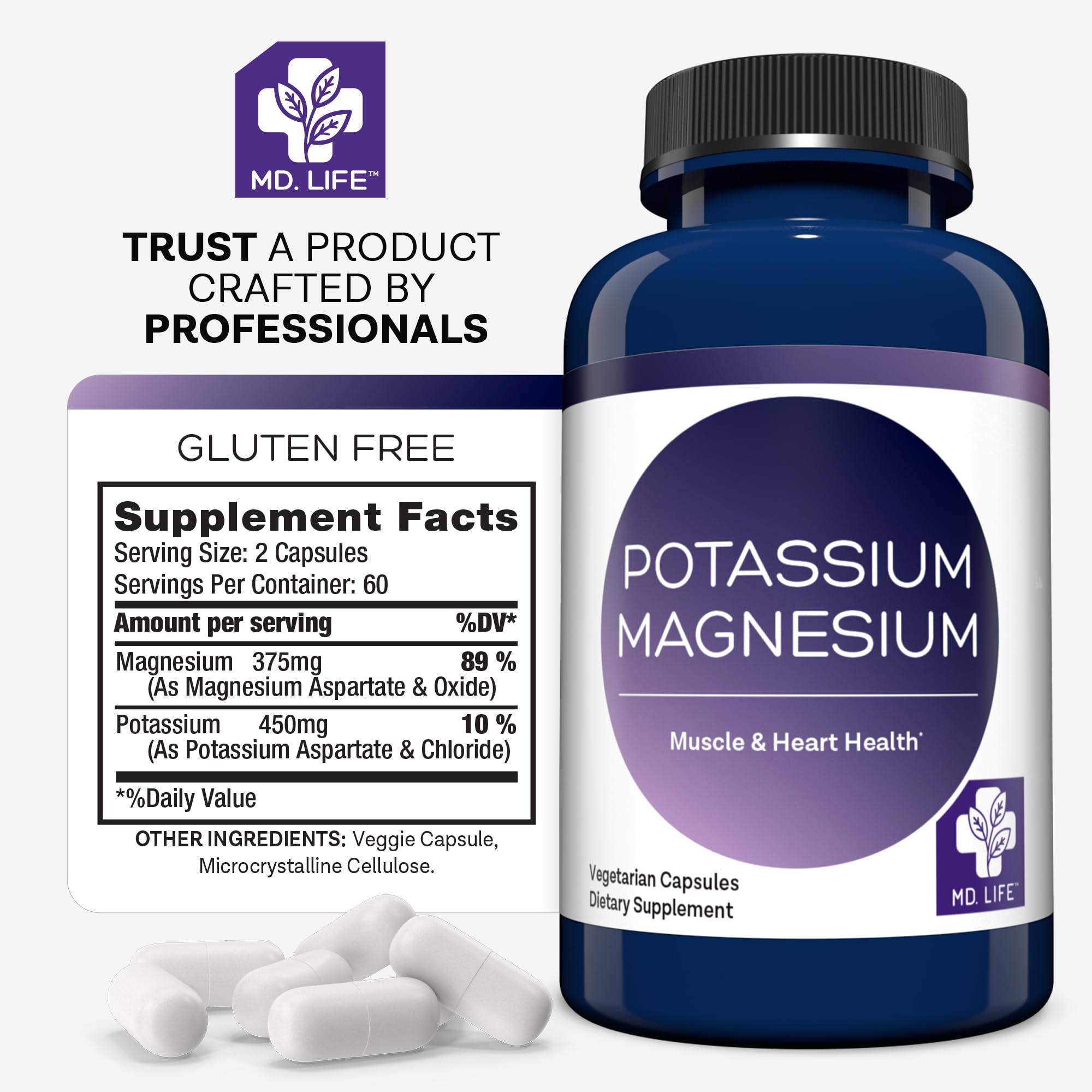 MD. Life Potassium Magnesium Supplement - 30 Capsules - High Absorption Magnesium Complex - Potassium Supplement to Support Vascular Health & Leg Cramp MD.LIFE Au supplements