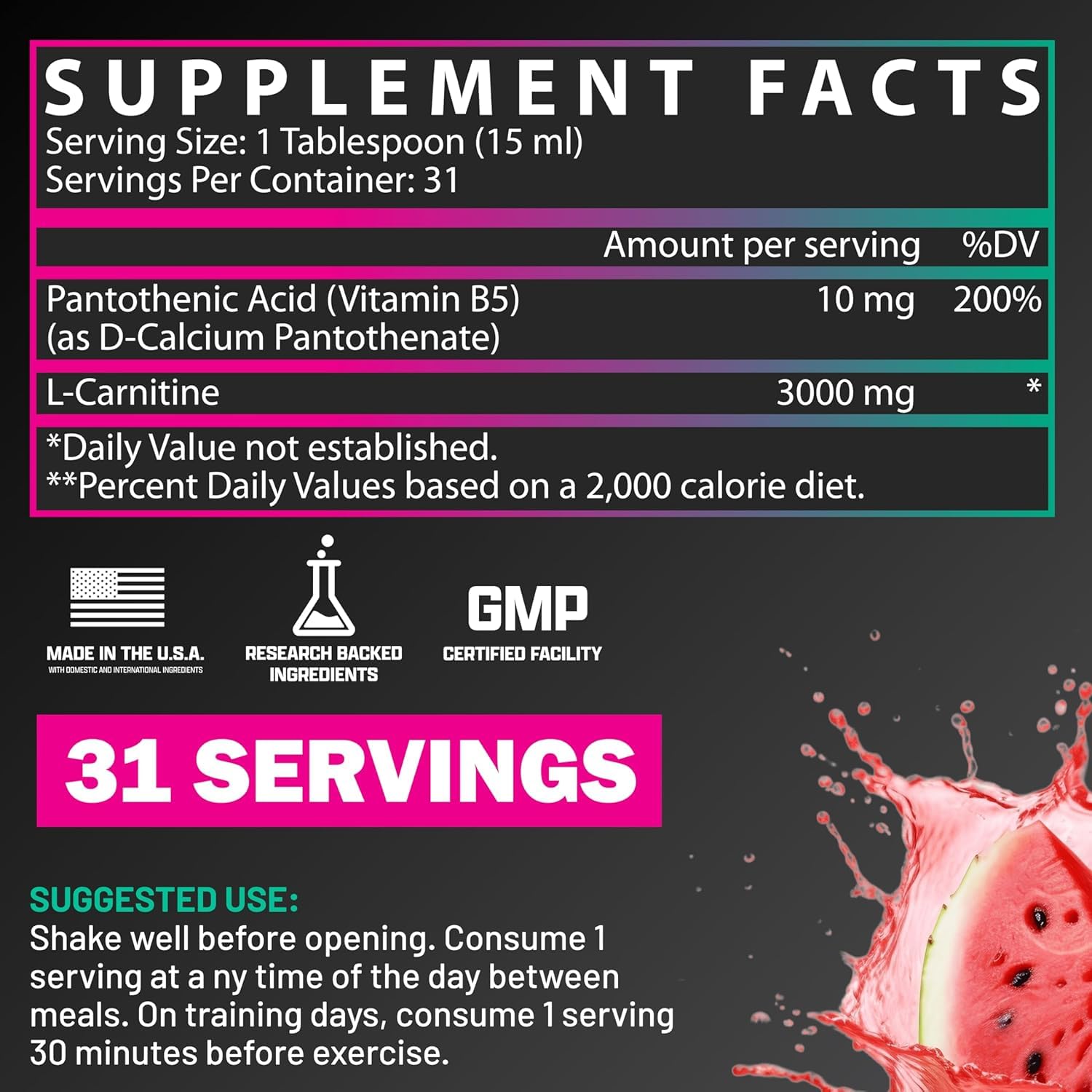 Nutrex Research L Carnitine 3000 - Clinically Dosed L-Carnitine Liquid for Energy, Metabolism & Muscle Recovery - Delicious Strawberry Watermelon - No Sugar, No Carbs