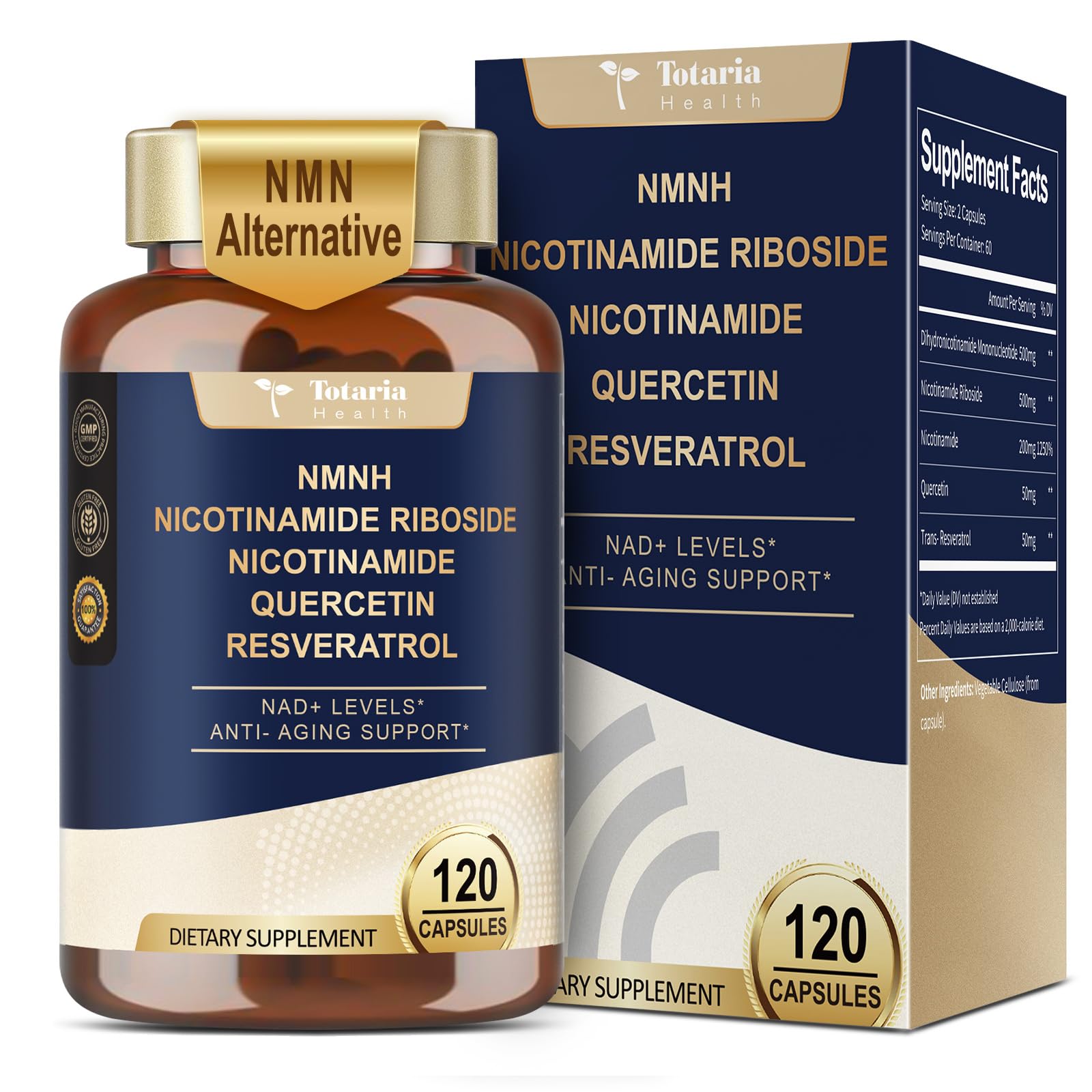 Totaria NMNH 500mg (Dihydronicotinamide Mononucleotide), Premium NMN Alternative Supplement w/Niacinamide (Vitamin B3), Quercetin, Trans-Resveratrol, for NAD+, Skin Cell, Anti-Aging & Energy, 120 Ct Totaria Au supplements