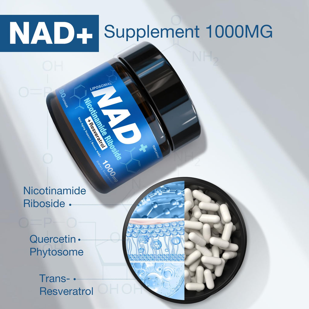 TOPCAPAK NAD+ Supplement - NAD Nicotinamide Riboside Resveratrol, Liposomal NAD+ Supplement 1000mg for for Women & Men - Healthy Aging, Brain and Cellular Energy, Non-GMO, 80 Capsules TOPCAPAK Au supplements