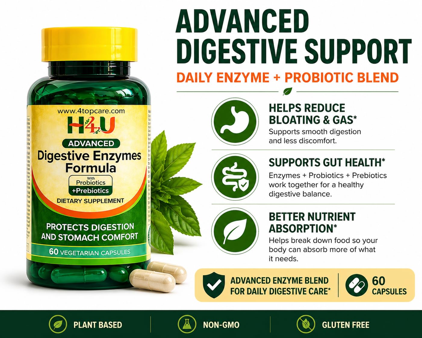 H4U Advanced Digestive Enzymes with Probiotics & Prebiotics – Multi Enzyme Supplement for Gut Health, Digestion Support, Bloating Relief & Stomach Comfort,