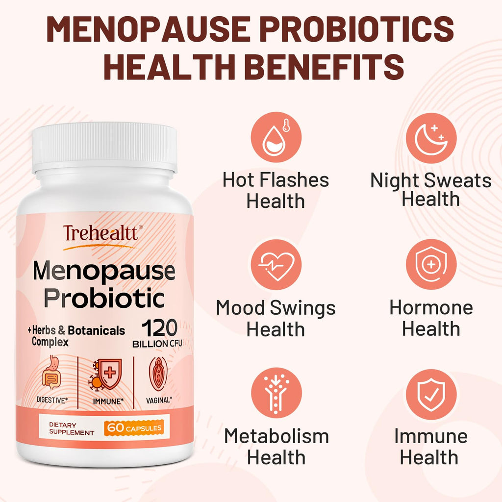 Menopause supplements for women, 120 Billion CFU Probiotic, 13-in-1 Herbs & Botanicals Complex, for Hormone Menopause, Hot Flashes, Night Sweats, Mood Swings, Sleep Disturbances, Vegan, 60 Capsules Trehealtt Au supplements