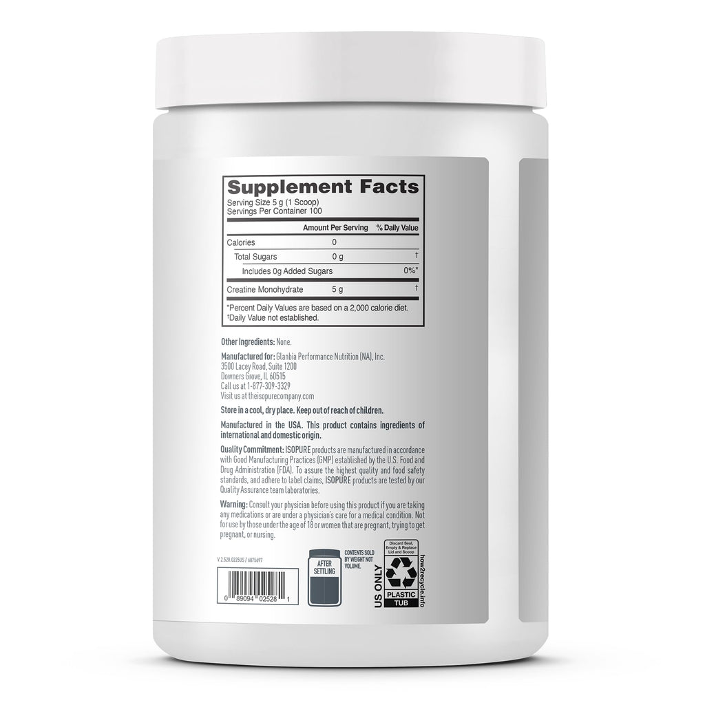 Isopure 100% Pure Creatine Monohydrate Powder, Sugar Free, Unflavored, 5g Creatine Monohydrate Per Serving, 1.1 Lbs,