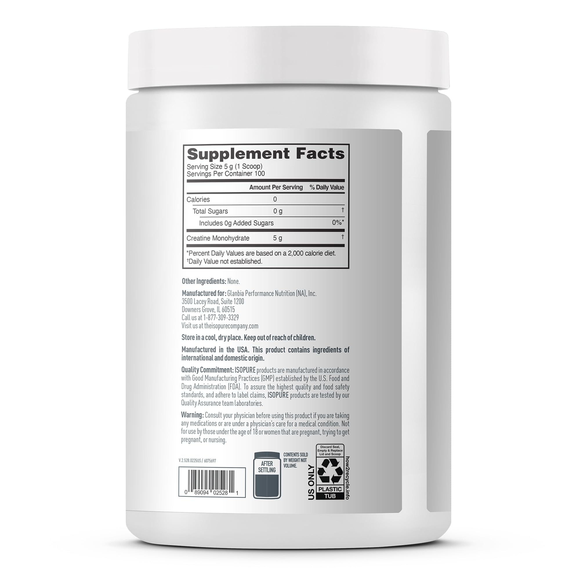 Isopure 100% Pure Creatine Monohydrate Powder, Sugar Free, Unflavored, 5g Creatine Monohydrate Per Serving, 1.1 Lbs,