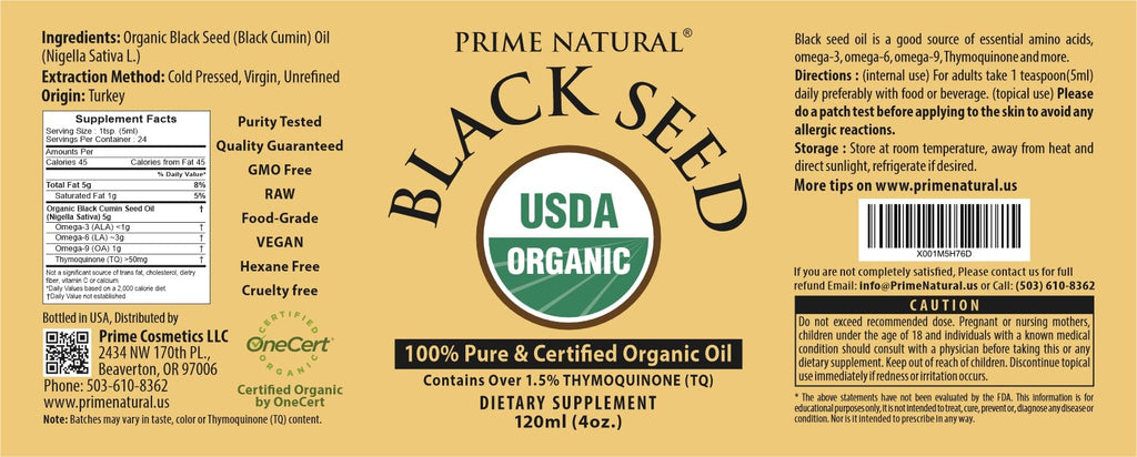 Prime Natural Organic Black Seed Oil 4oz - Cold Pressed Unrefined High Thymoquinone 1.7% USDA Certified - Turkish Origin Potent Nigella Sativa Liquid