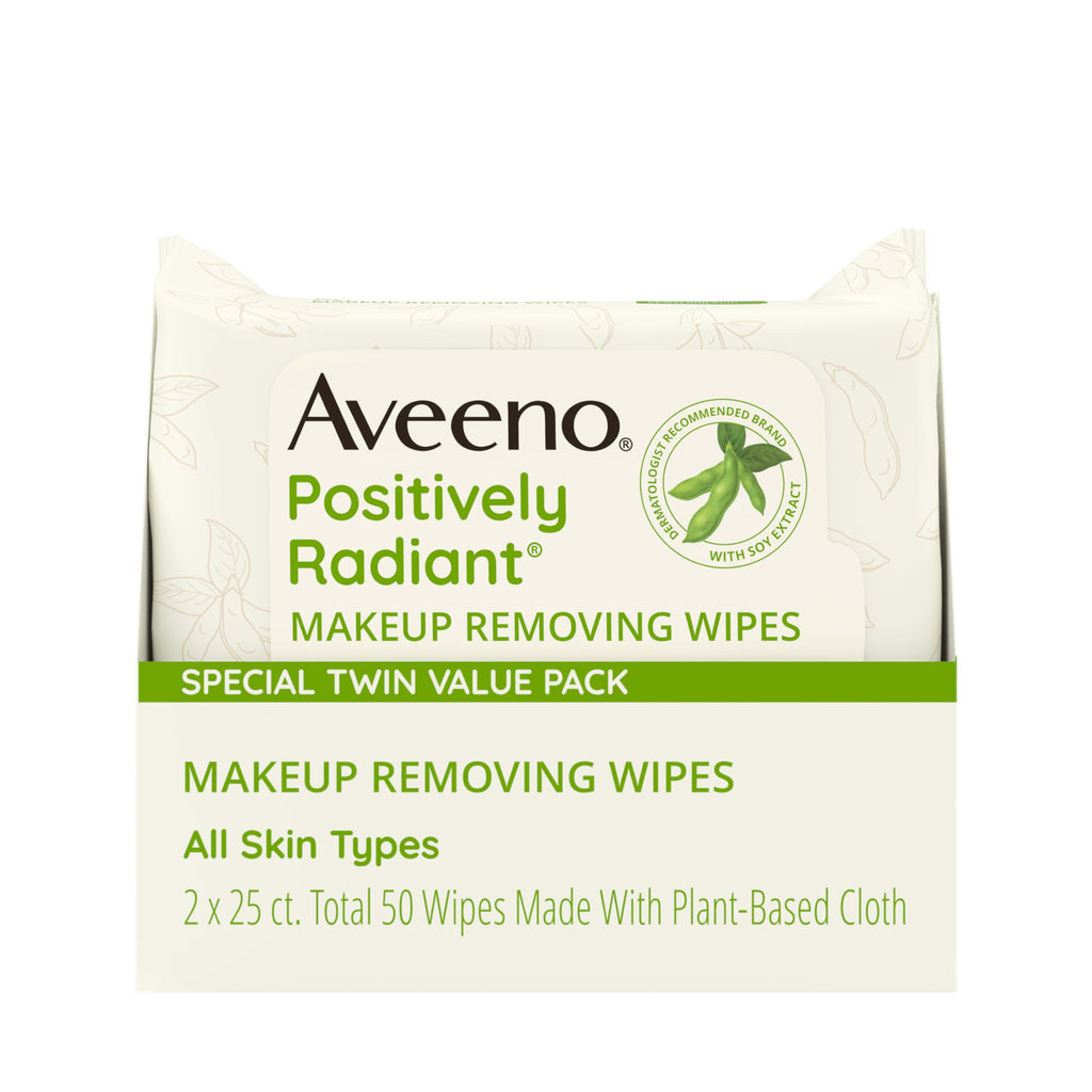 Aveeno Positively Radiant Makeup Remover Wipes, Oil Free, Alcohol Free, Non-Comedogenic Facial Cleansing Wipes, Gentle Face Wipes for Sensitive Skin