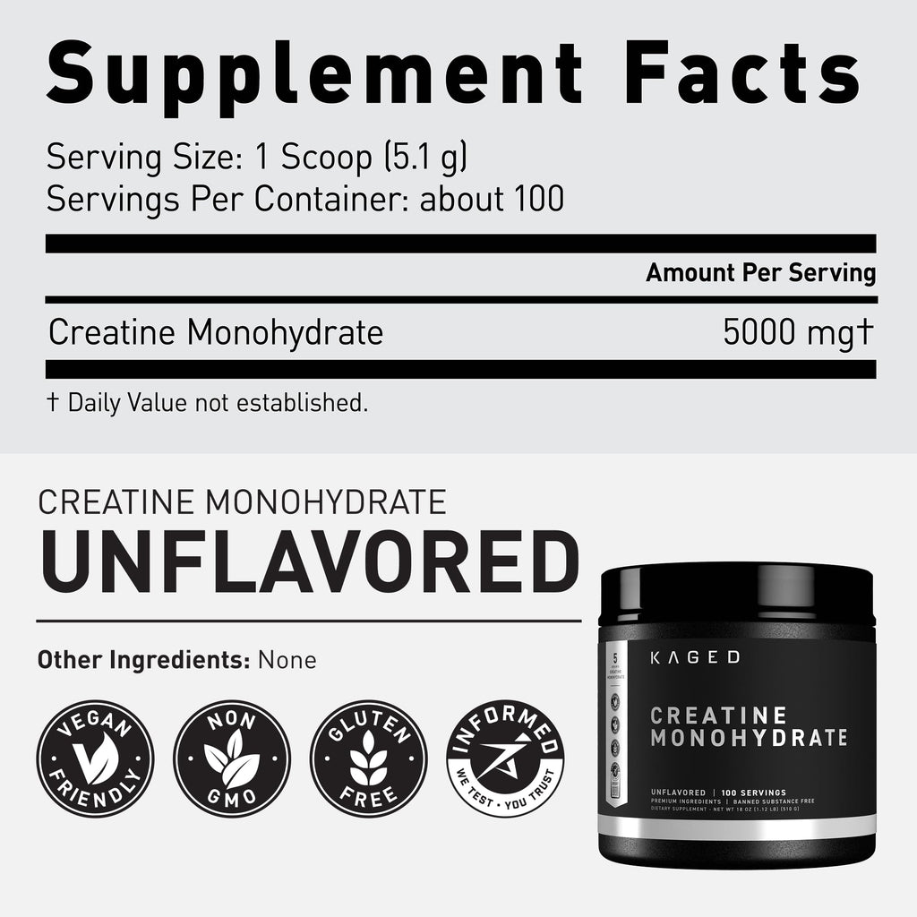 Kaged Creatine Monohydrate Micronized Powder | Unflavored | Muscle Building & Recovery | 5000 mg Per Serving | Vegan, Gluten Free, Easily Digestible