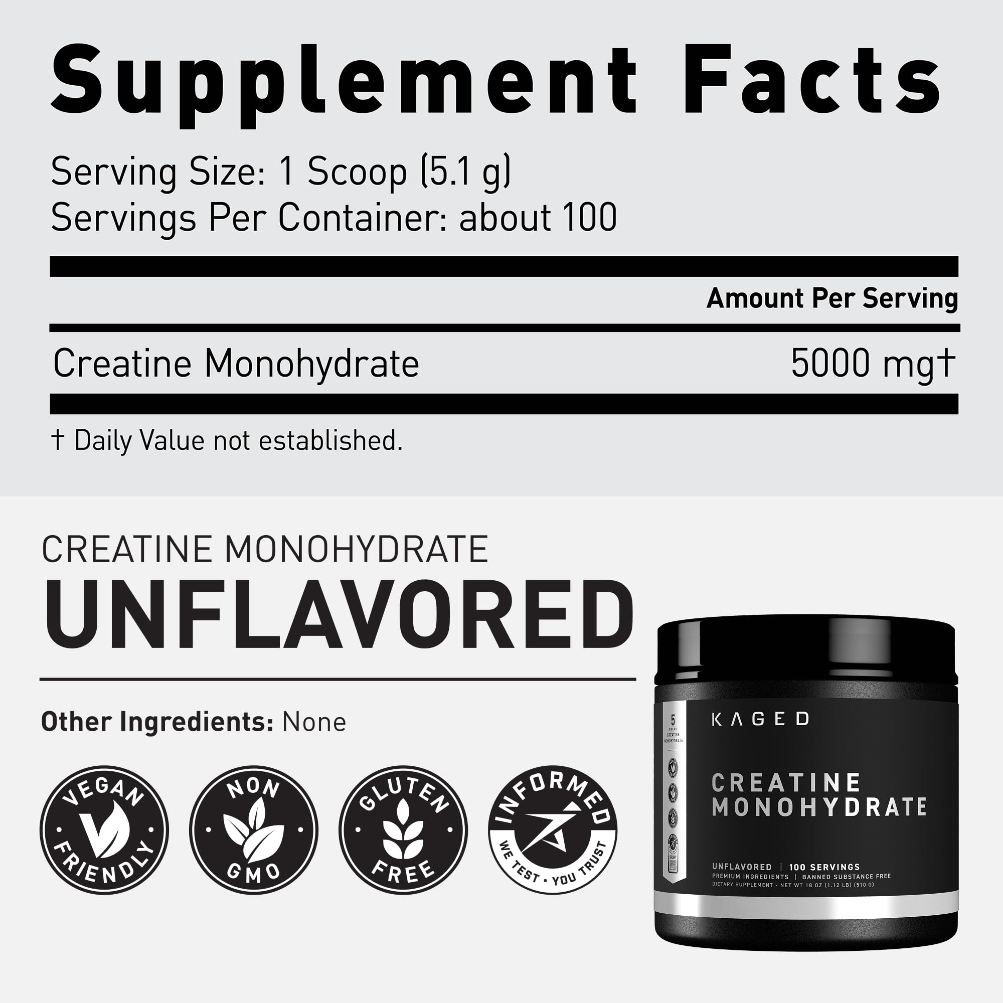 Kaged Creatine Monohydrate Micronized Powder | Unflavored | Muscle Building & Recovery | 5000 mg Per Serving | Vegan, Gluten Free, Easily Digestible