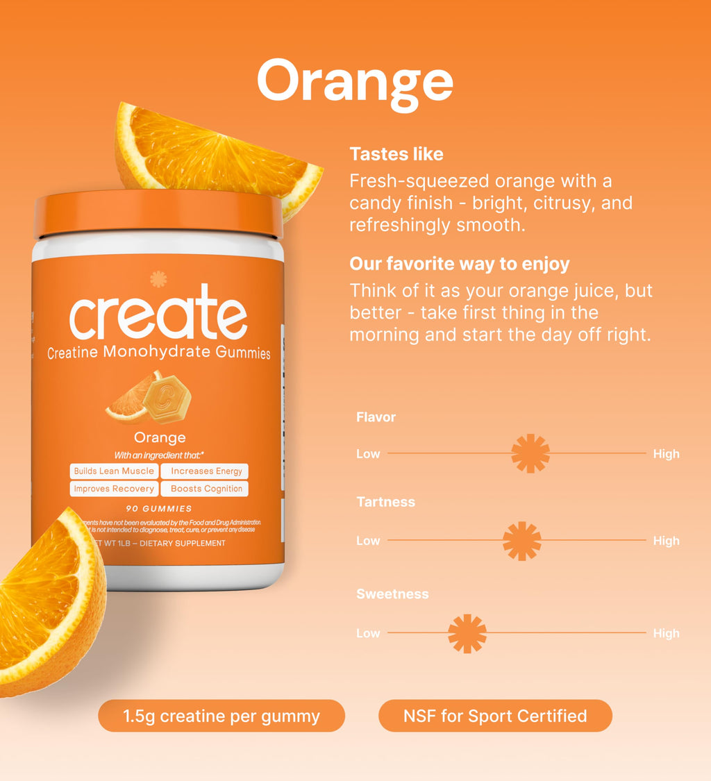 Create Creatine Monohydrate Gummies for Men & Women, Boost Focus, Strength, and Endurance, Anti-Melting Formula, Vegan, Gluten-Free, Non-GMO, 1.5g of Creatine per Gummy (Orange) Create Au supplements