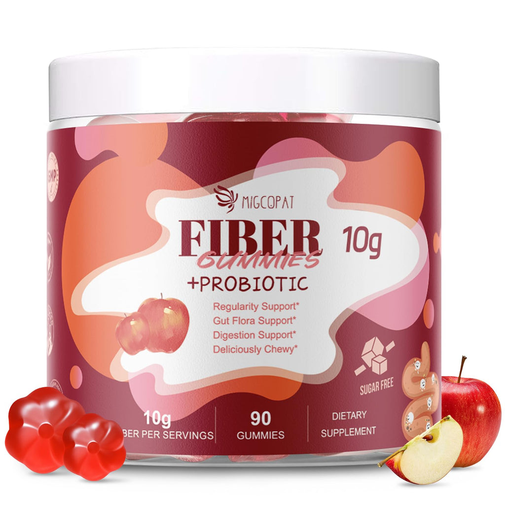Migcopat Fiber Gummies with Probiotics,10G Fiber per Serving No Sugar Added Apple Flavor, with 10 Billion CFU Probiotics Blend, Apple Cider Vinegar,