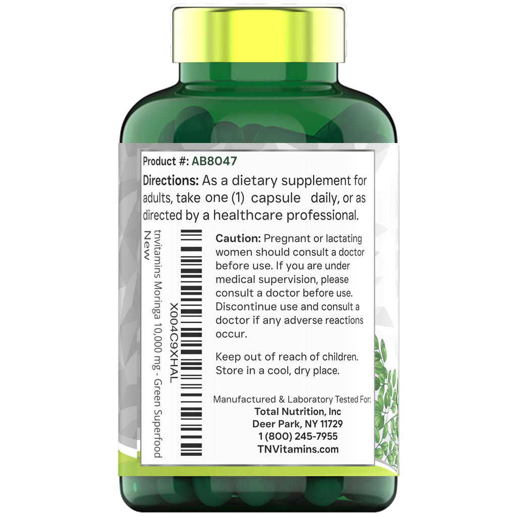 tnvitamins Moringa Capsules 10,000 mg - 120 Capsules | High Potency Moringa Leaf Extract Superfood Supplement for Energy