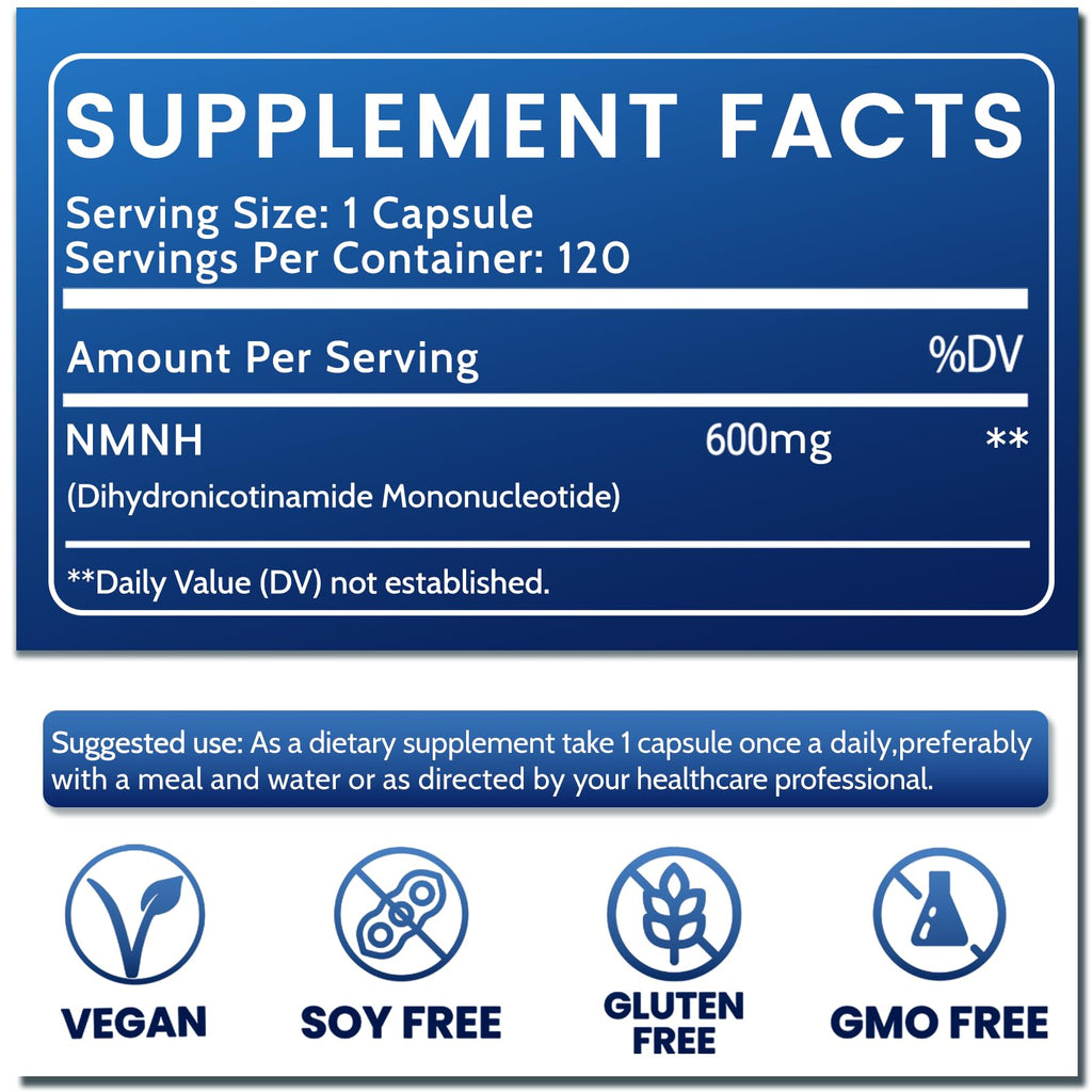Pure NMNH(NMN Supplement Alternative)(Dihydronicotinamide Mononucleotide)for Women with Skin Aging 600mg: NAD Supplement for Anti-Aging Breakthrough - Boost NAD+ levels Liposome Capsules 120 Servings HEALGUT Au supplements