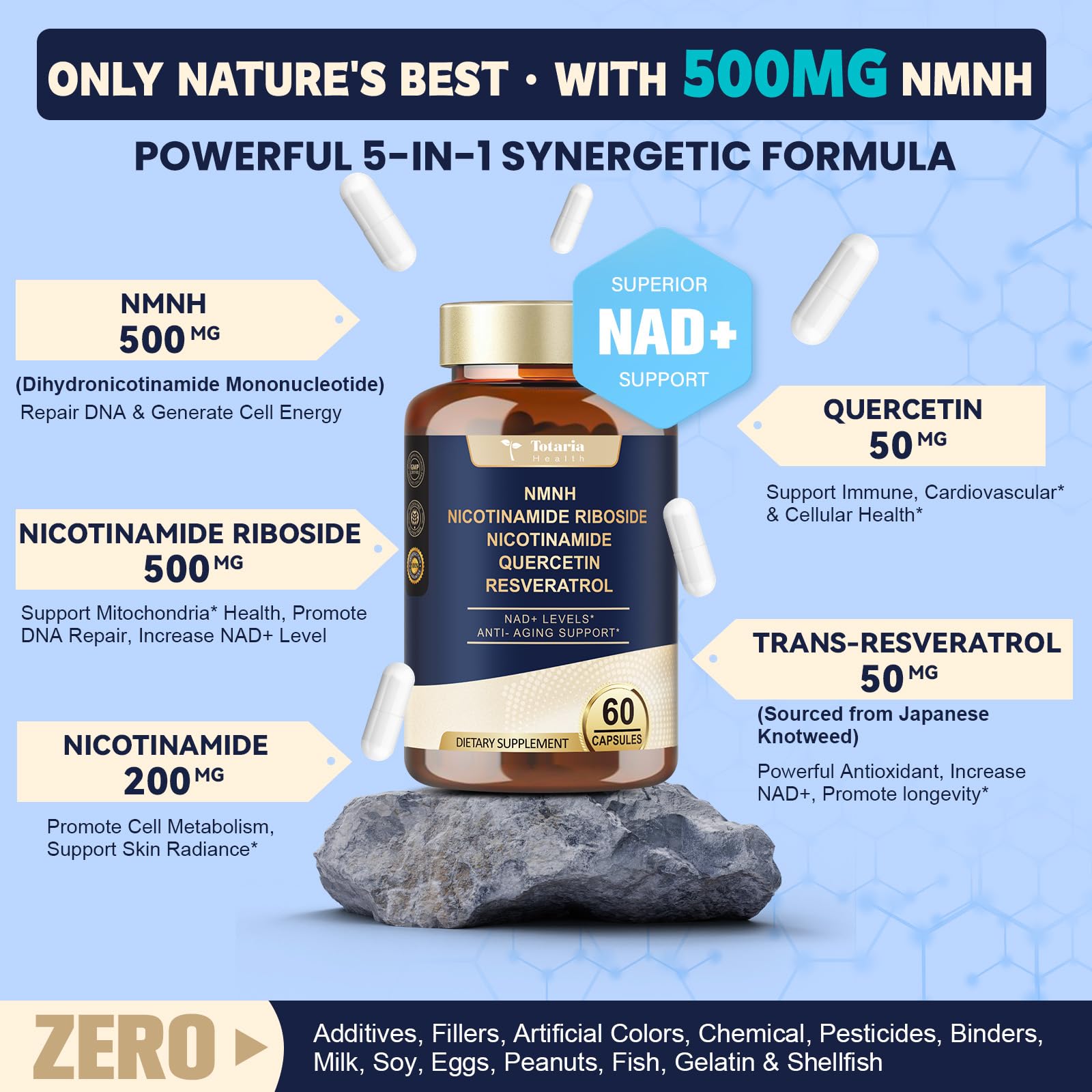 Totaria NMNH (NMN Alternative Supplement) (Dihydronicotinamide Mononucleotide) Ultra Strength, NAD+ Support w/Resveratrol & Quercetin, Ultra Absorption for Anti-Aging, Vegan, 60 Counts Totaria Au supplements