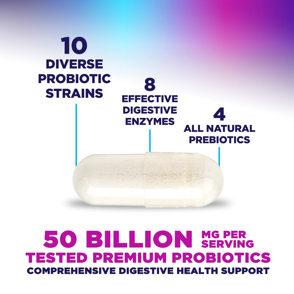 Probiotics 50 Billion CFU Per Serving - 10 Premium Strains + Digestive Enzymes & Prebiotics - Best Probiotic for Women & Men, Supports Immune,