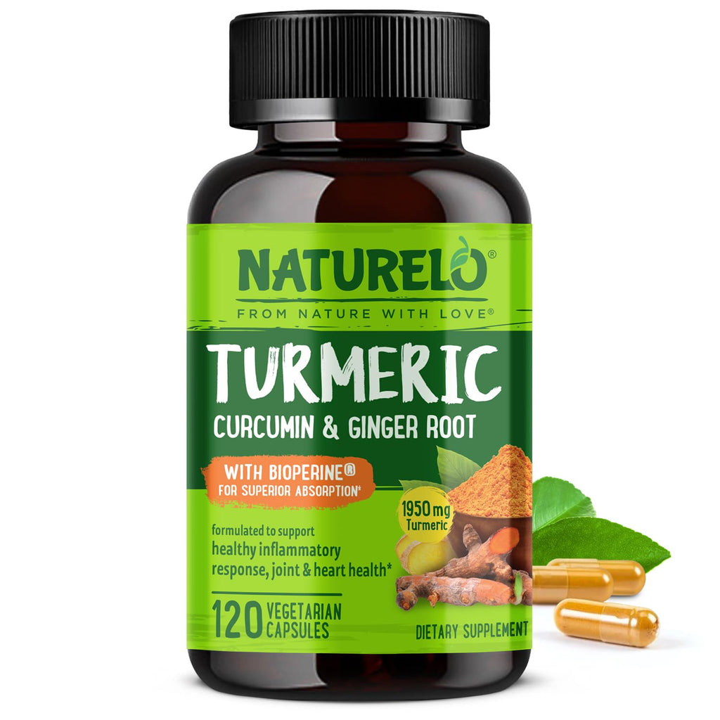 NATURELO Turmeric Curcumin - BioPerine for Better Absorption - Black Pepper, Ginger Root, Curcuminoids - Plant-Based Joint Discomfort Support